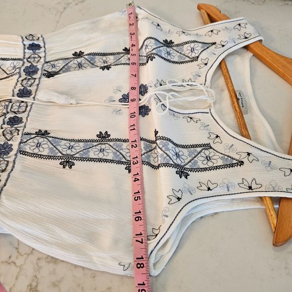 Max Studio Boho Mini Dress, Ivory with Blue Floral Embroidery, Size Medium - Picture 9 of 11